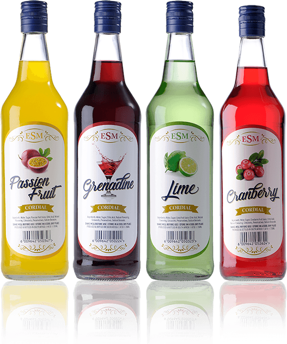 ESM Cordials range — Passion Fruit, Grenadine, Lime, Cranberry